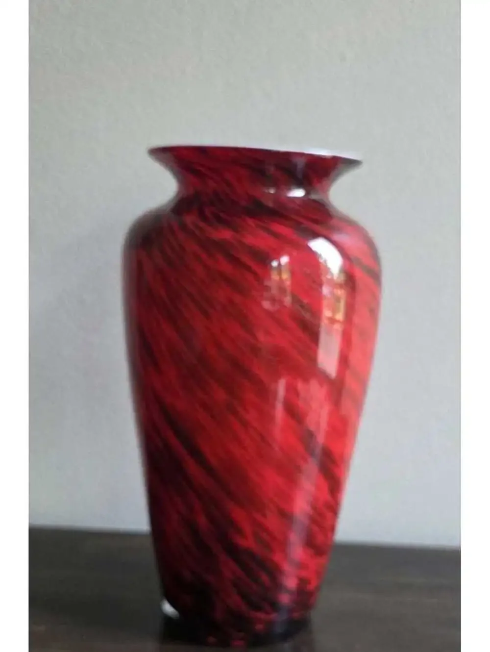 Hand Blown Studio Art Glass Vase Red Black Swirl White Cased Flared Rim